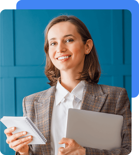Woman holding tablet and noetbook